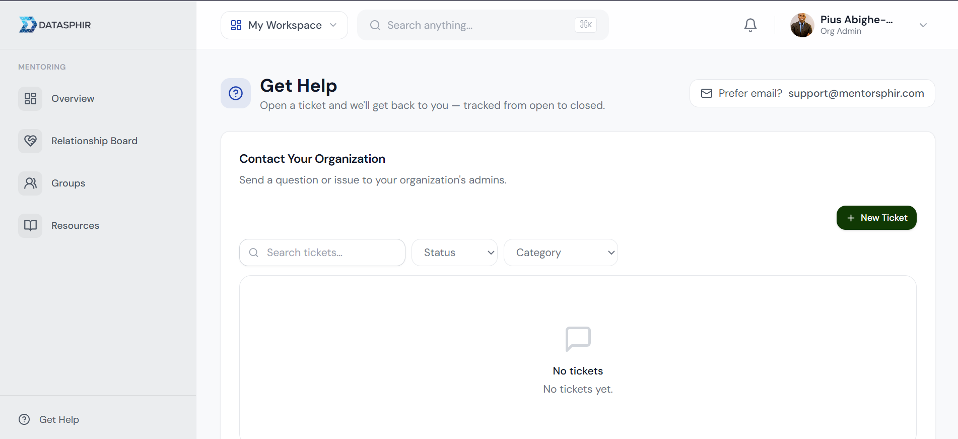 Support Tickets in Mentorsphir
