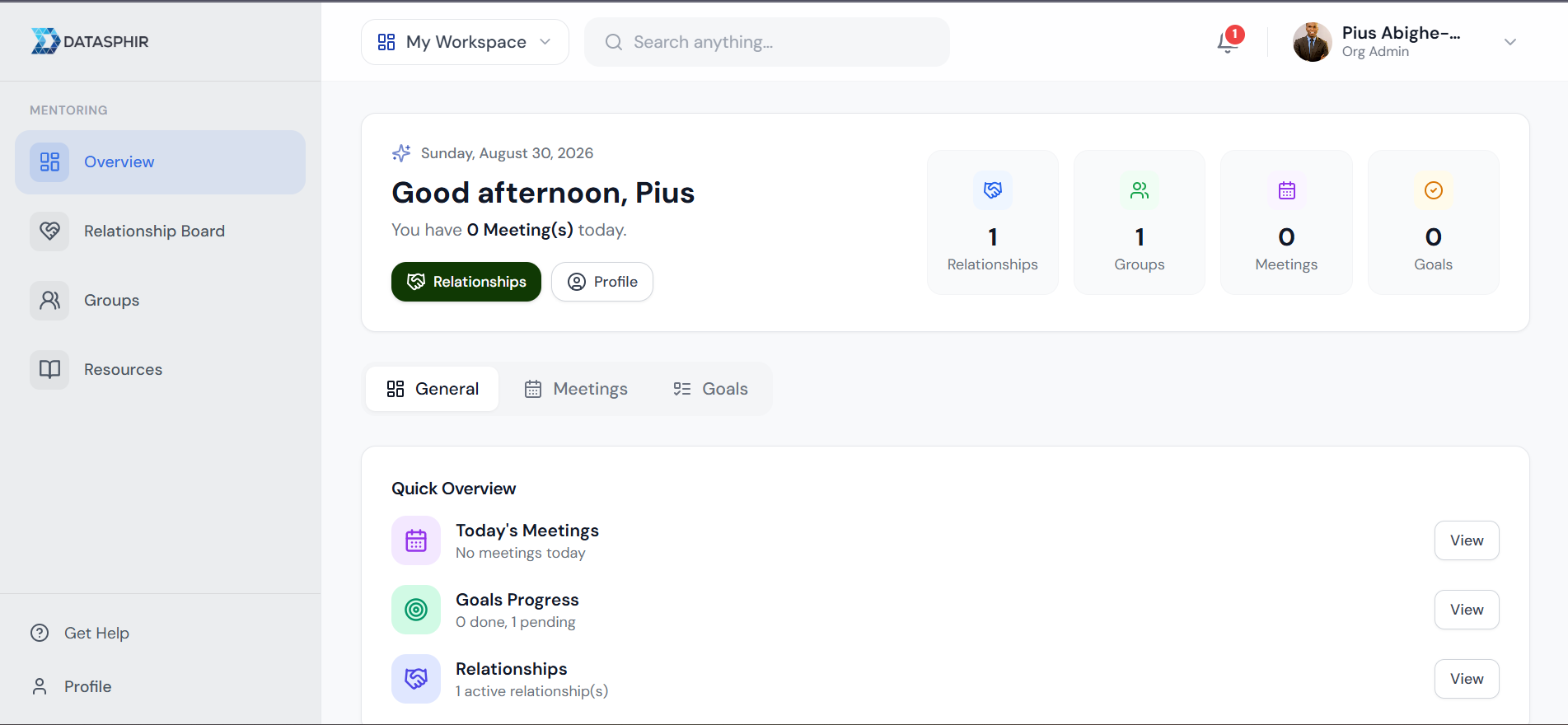 Mentorsphir Workspace Dashboard